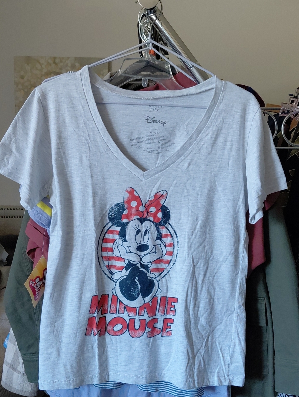 Disney White V-Neck Minnie Mouse Graphic Tee with Red Bow